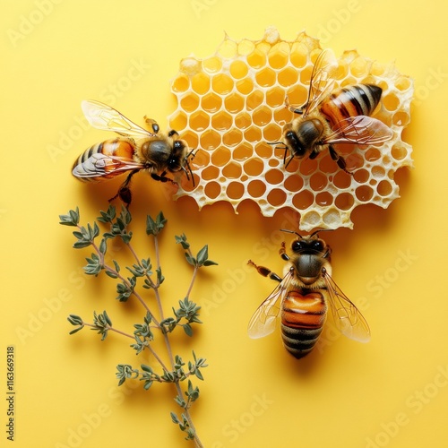 [Honey bees on honeycomb near thyme] Honey Bees Collecting Nectar near Fresh Thyme on Warm Honeycomb Background photo