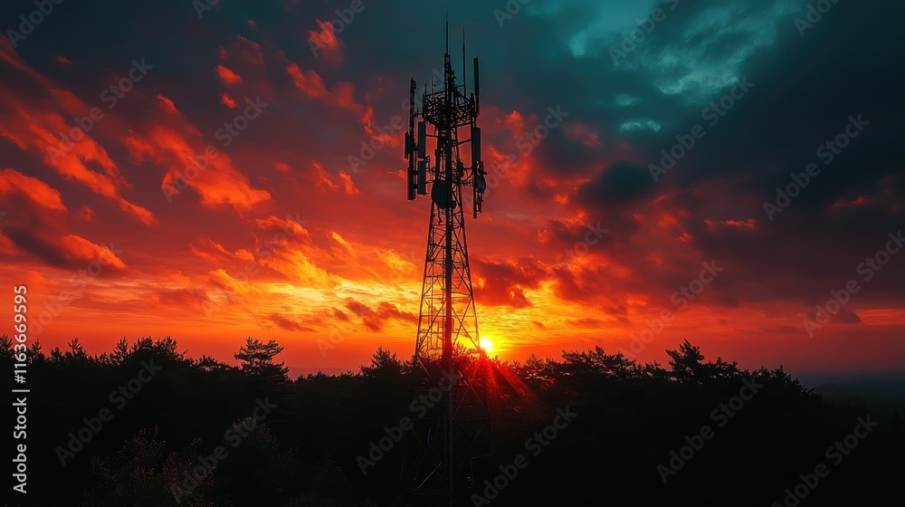 Fototapeta premium [Sunset with cell tower in landscape photography] Sunset Over Connectivity: Cell Tower Against Nature's Canvas