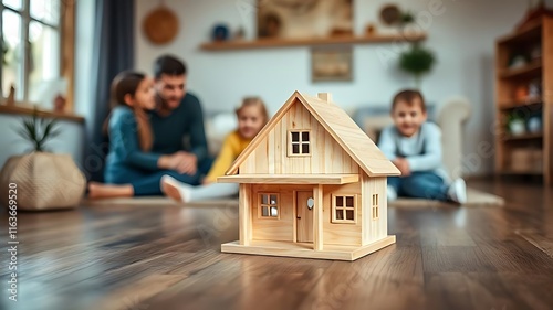 Small wooden house on the floor of a cozy room with a family playing in the background
