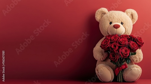 [teddy bear holding red roses] Cozy Red Teddy Bear Holding Roses Against White Background