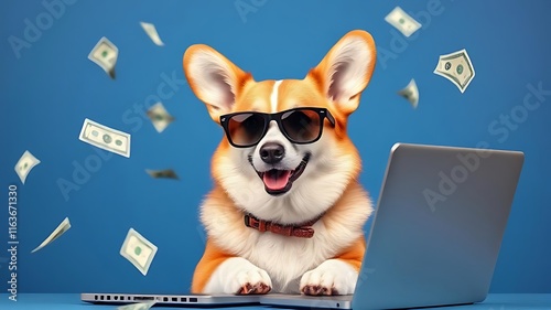 Anjing Corgi bankir pedagang bisnis yang kaya dan keren dengan kacamata hitam di depan laptop dengan uang kertas jatuh debackground belakang biru.