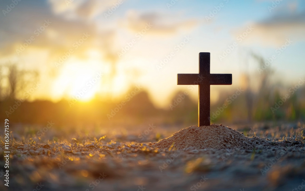 Silhouette of wooden cross standing on mound at sunset, representing christian faith, hope, and resurrection Silhouette of wooden cross standing on mound at sunset, representing christian faith, hope, and resurrection