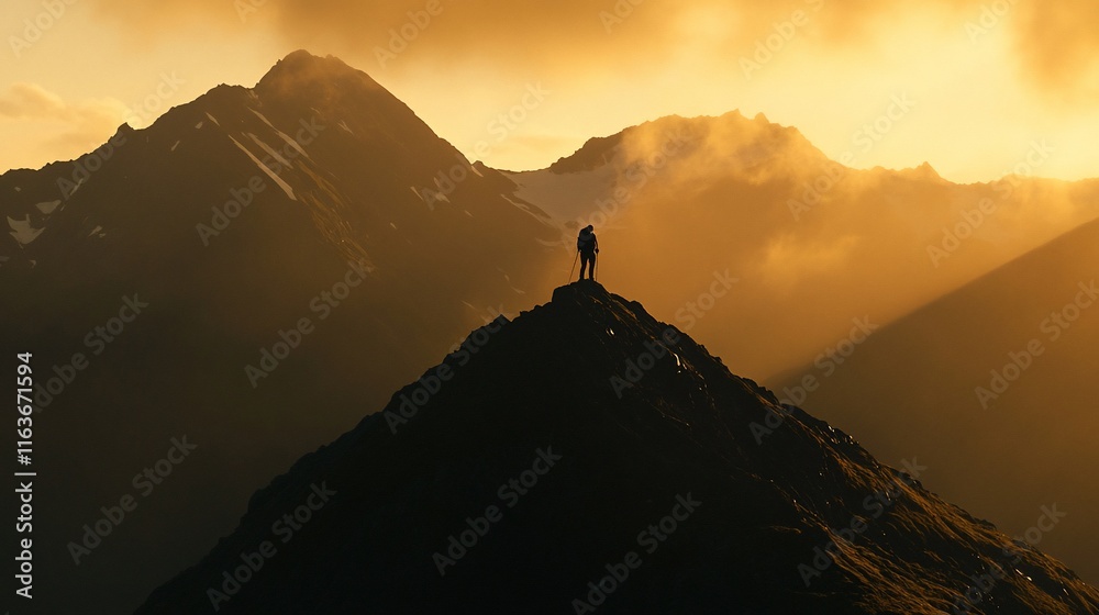 Silhouette of hiker on mountain peak at golden sunrise. Silhouette of hiker on mountain peak at golden sunrise.