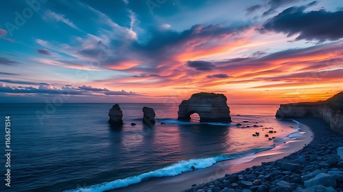 Sand beach among the rocks at sunset in the evening.