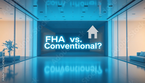 FHA vs. Conventional glowing text banner with modern financial visuals
