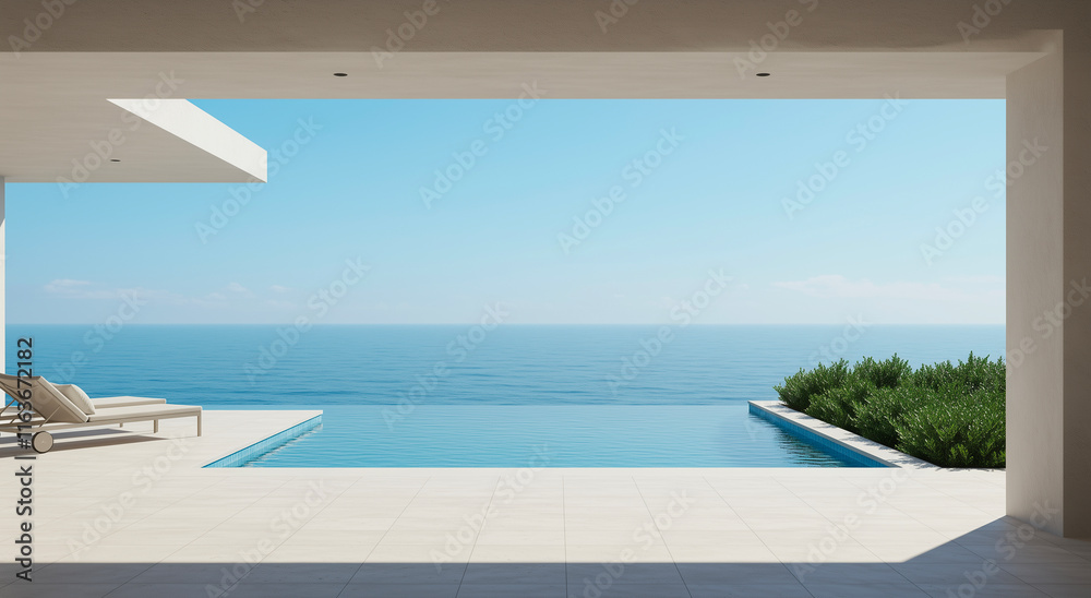 Fototapeta premium Pool, ocean and villa with sea, view and luxury for travel, vacation and resort. Terrace, architecture and design with home, property and paradise for holiday, relaxation and summer