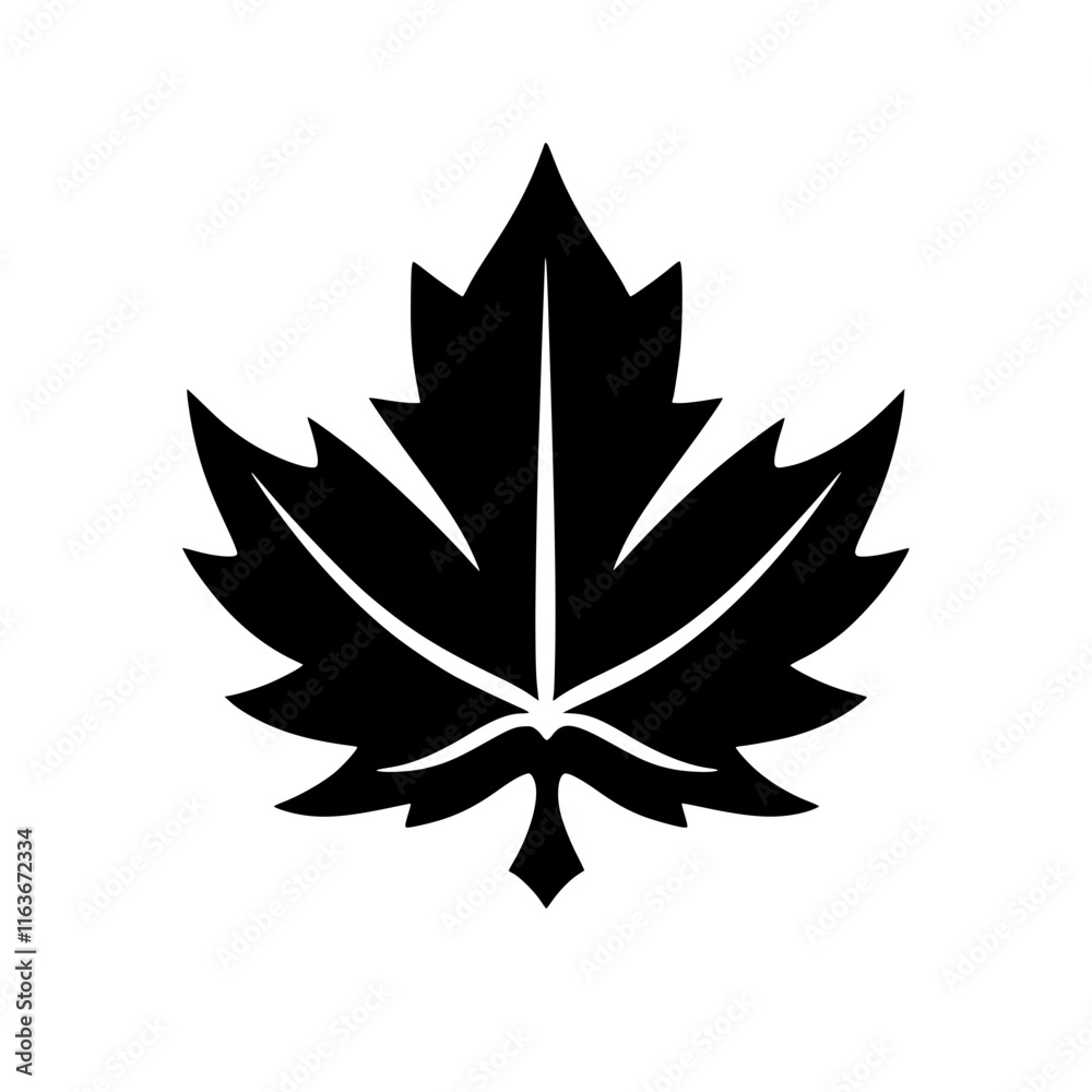 Obraz premium Maple Leaf Silhouette in Bold Design, Simple black and white silhouette of a maple leaf, showcasing a clean and bold design with sharp edges and symmetry.
