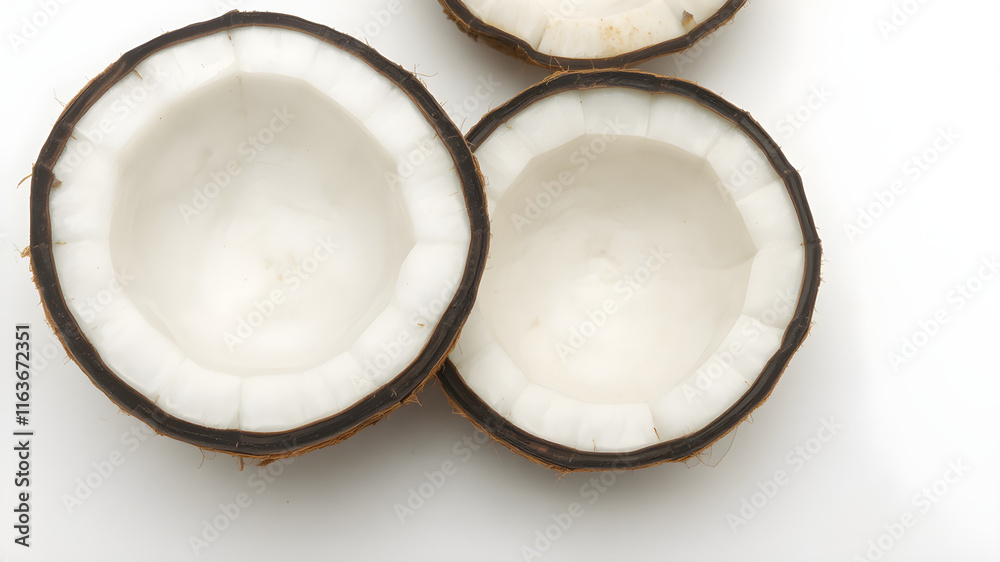 An intact circular coconut with a milky background and completely empty An intact circular coconut with a milky background and completely empty