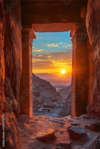 Sunset view from ancient pyramid temple in hidden canyon high fidelity gigapixel image capturing nature's beauty and architectural marvels photo