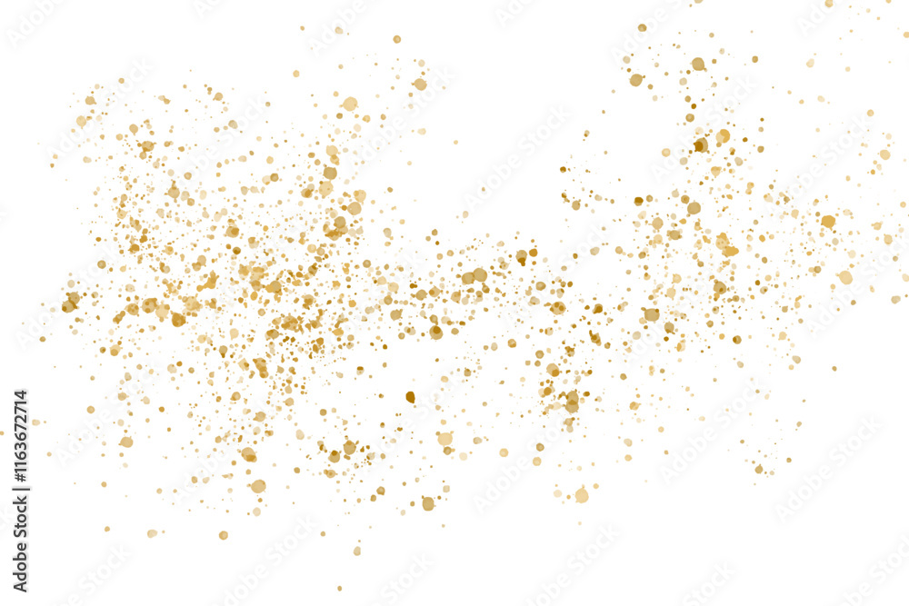 Gold glitter, glow, drops, splash isolated on transparent background. Festive gold decor for your design