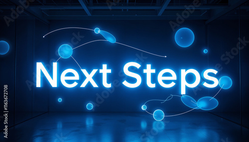 Next Steps glowing text banner with futuristic green screen design