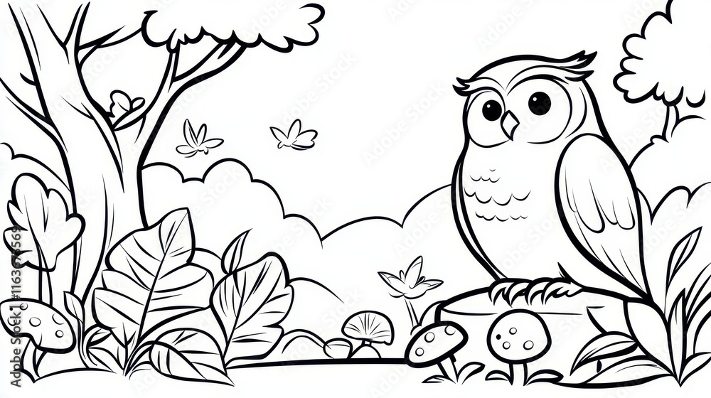 Obraz premium A fantasy woodland scene for a coloring book featuring a wise owl perched on a magical tree, glowing mushrooms scattered on the forest floor, and tiny fairies flying around. Add swirling patterns 