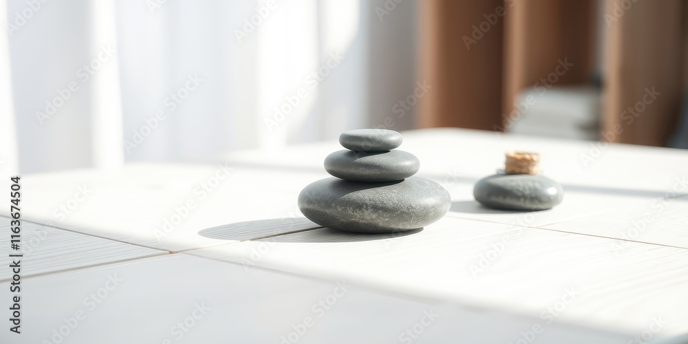 Serene Stacked Stones and Smooth River Rock on a Bright Table Serene Stacked Stones and Smooth River Rock on a Bright Table