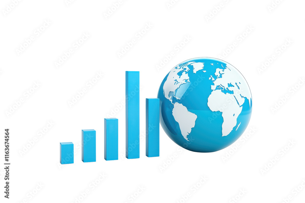 A blue globe next to ascending bar graphs symbolizes global growth and progress in data or finance. A blue globe next to ascending bar graphs symbolizes global growth and progress in data or finance.