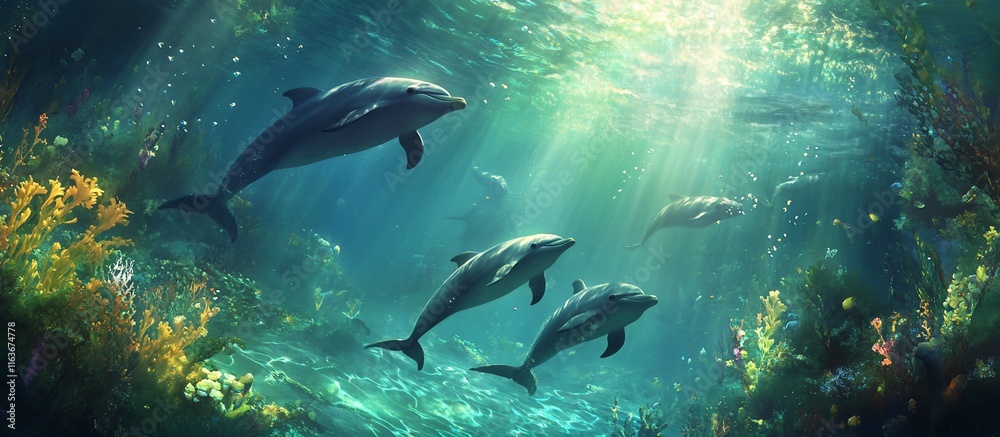 Dolphins swimming in vibrant underwater coral reef scene. Dolphins swimming in vibrant underwater coral reef scene.