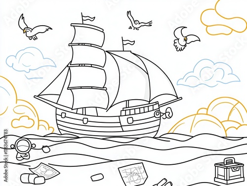 A fun pirate-themed coloring book design with a pirate ship sailing through rough seas, treasure maps scattered on the deck, and parrots squawking. Add details like treasure chests, spyglasses,  photo