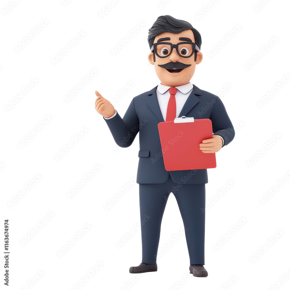 A cartoonish character in a suit, holding a red clipboard and gesturing with one hand, exuding a friendly, professional demeanor. A cartoonish character in a suit, holding a red clipboard and gesturing with one hand, exuding a friendly, professional demeanor.
