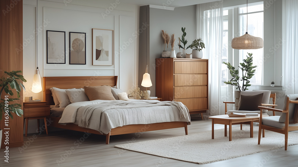 Fototapeta premium small bedroom has an open floor plan, featuring light wood grain furniture and white walls with accent colors of beige or brown. 