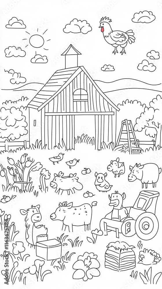 Fototapeta premium A lively farm-themed coloring book page showing a barnyard filled with animals like cows, goats, and ducks. Add a tractor, hay bales, and a rooster perched on the barn roof, with a sunrise in 