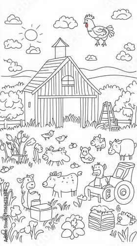 Wallpaper Mural A lively farm-themed coloring book page showing a barnyard filled with animals like cows, goats, and ducks. Add a tractor, hay bales, and a rooster perched on the barn roof, with a sunrise in  Torontodigital.ca
