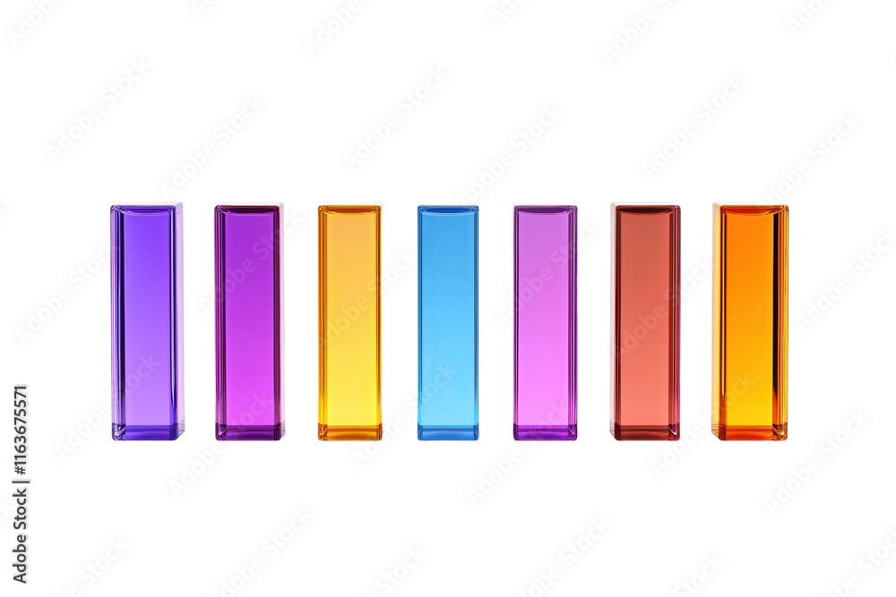 A series of vertical rectangular bars in varying shades of purple, blue, orange, and yellow, arranged in a line. A series of vertical rectangular bars in varying shades of purple, blue, orange, and yellow, arranged in a line.