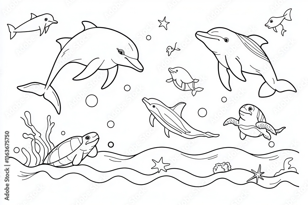 A lively ocean-themed coloring book page with dolphins jumping through waves, turtles swimming below, and seagulls flying above. Add details like starfish on the ocean floor, coral reefs, and A lively ocean-themed coloring book page with dolphins jumping through waves, turtles swimming below, and seagulls flying above. Add details like starfish on the ocean floor, coral reefs, and