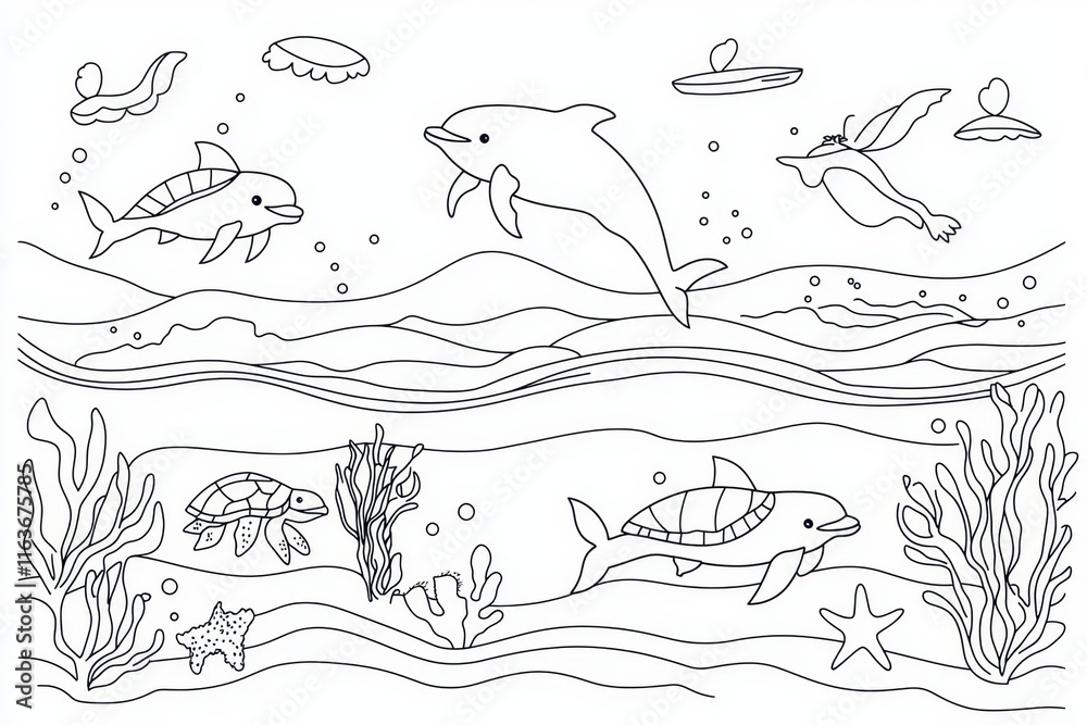 Obraz premium A lively ocean-themed coloring book page with dolphins jumping through waves, turtles swimming below, and seagulls flying above. Add details like starfish on the ocean floor, coral reefs, and 