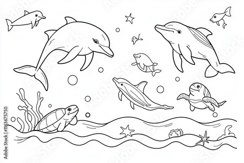 A lively ocean-themed coloring book page with dolphins jumping through waves, turtles swimming below, and seagulls flying above. Add details like starfish on the ocean floor, coral reefs, and  photo