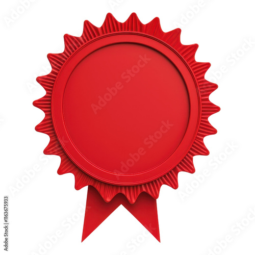 A bright red seal featuring a circular center and a ribbon, commonly used to denote achievement or award.