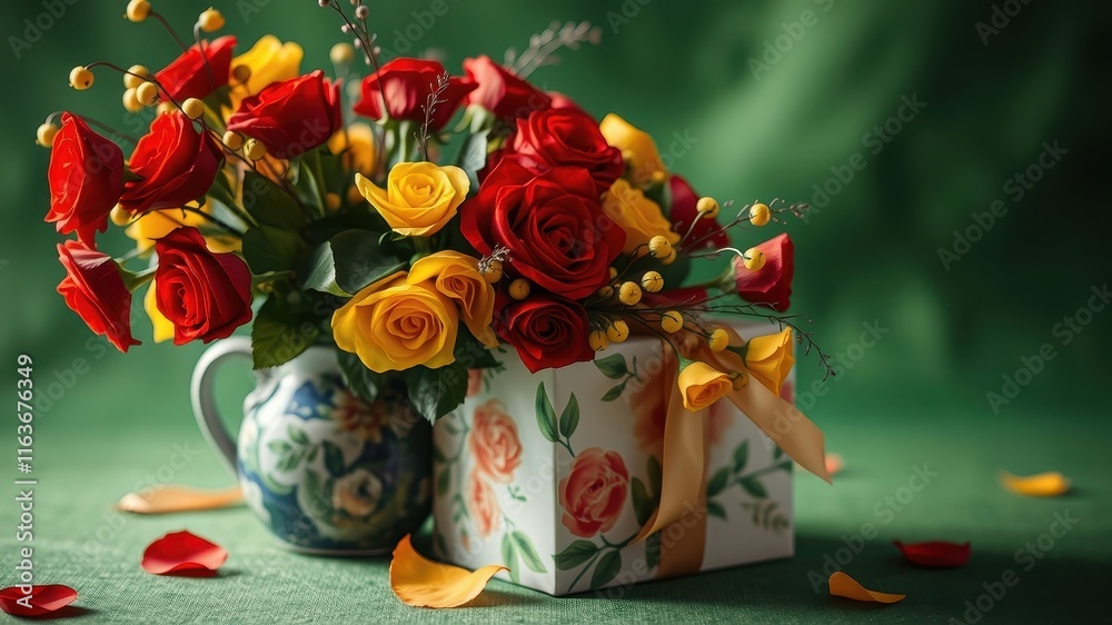 Vibrant red and yellow roses arranged in a decorative vase alongside a floral gift box Vibrant red and yellow roses arranged in a decorative vase alongside a floral gift box