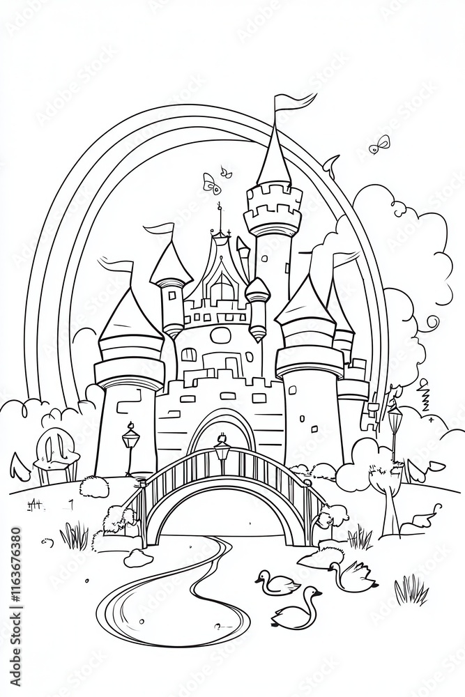 A magical fairy tale castle coloring book design with a rainbow arching over the spires, a moat filled with swans, and a drawbridge leading to the entrance. Add glowing lanterns and intricate A magical fairy tale castle coloring book design with a rainbow arching over the spires, a moat filled with swans, and a drawbridge leading to the entrance. Add glowing lanterns and intricate