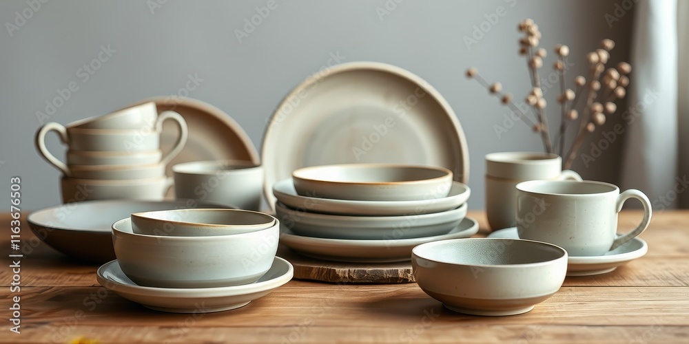 A collection of minimalist stoneware dinnerware, elegantly arranged on a wooden table A collection of minimalist stoneware dinnerware, elegantly arranged on a wooden table