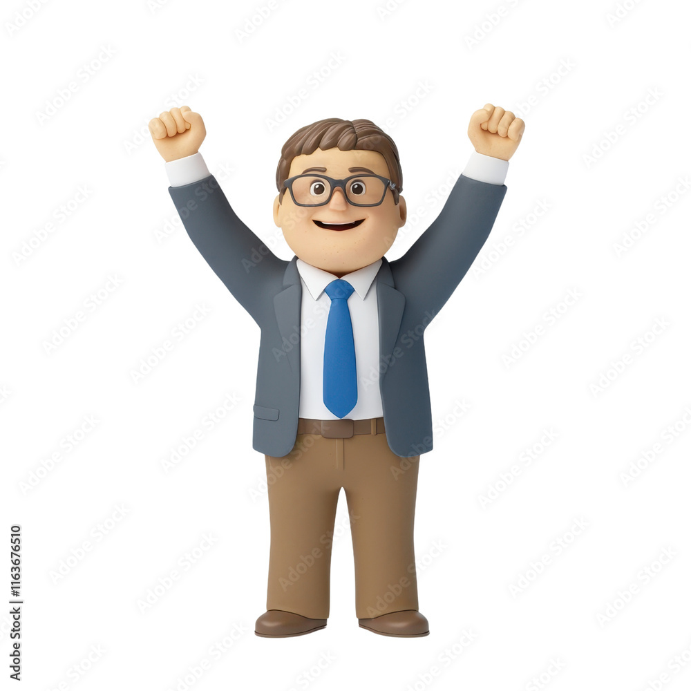 A cheerful, animated figure with glasses and a suit raises arms in celebration, exuding a sense of joy and achievement.