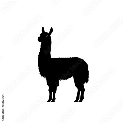 Llama Silhouette in Minimalist Style, Black and white silhouette of a llama standing, featuring its characteristic fur and pointed ears in a clean, minimal design.

