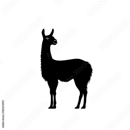 Llama Silhouette in Minimalist Style, Black and white silhouette of a llama standing, featuring its characteristic fur and pointed ears in a clean, minimal design.

