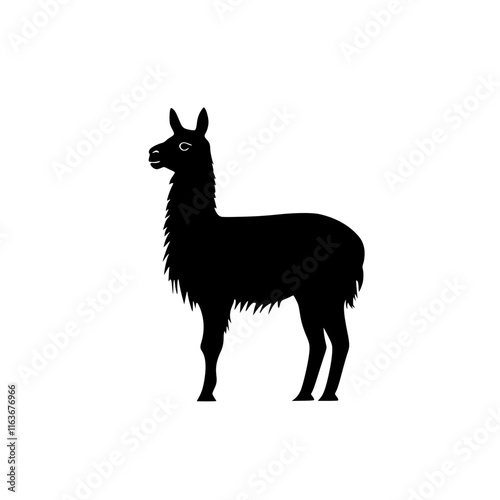 Llama Silhouette in Minimalist Style, Black and white silhouette of a llama standing, featuring its characteristic fur and pointed ears in a clean, minimal design.

