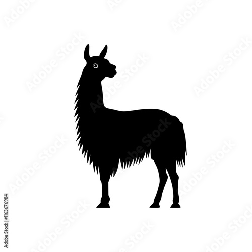 Llama Silhouette in Minimalist Style, Black and white silhouette of a llama standing, featuring its characteristic fur and pointed ears in a clean, minimal design.

