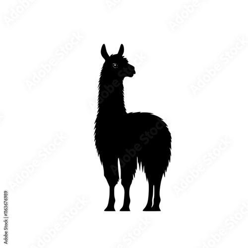 Llama Silhouette in Minimalist Style, Black and white silhouette of a llama standing, featuring its characteristic fur and pointed ears in a clean, minimal design.

