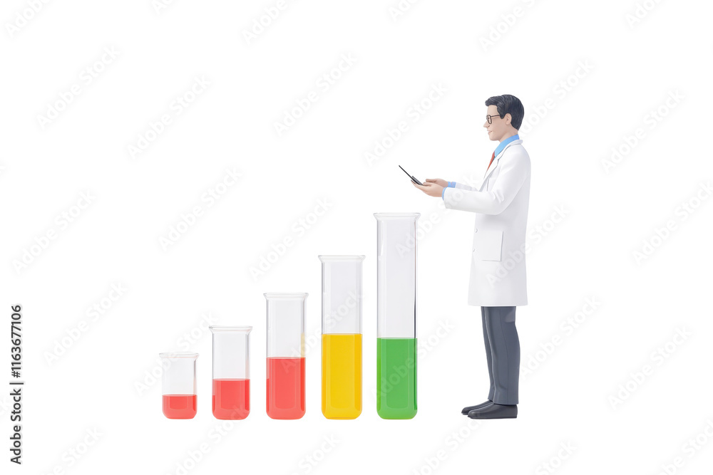 A scientist stands beside a series of graduated test tubes filled with colored liquids, indicating measurement or experimentation. A scientist stands beside a series of graduated test tubes filled with colored liquids, indicating measurement or experimentation.
