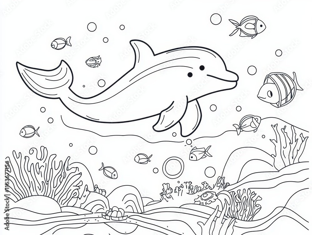 A magical under-the-sea coloring book page with dolphins jumping out of the water, sea turtles gliding near coral reefs, and a mysterious underwater cave glowing with treasure. Add intricate A magical under-the-sea coloring book page with dolphins jumping out of the water, sea turtles gliding near coral reefs, and a mysterious underwater cave glowing with treasure. Add intricate