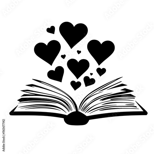 Open Book with Floating Hearts Illustration, Black and white illustration of an open book with hearts rising from its pages, symbolizing love for reading and imagination.

