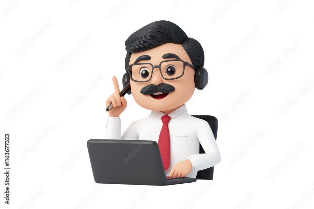 A cheerful cartoon character wearing glasses and a red tie, seated at a laptop, gesturing as if explaining something. A cheerful cartoon character wearing glasses and a red tie, seated at a laptop, gesturing as if explaining something.