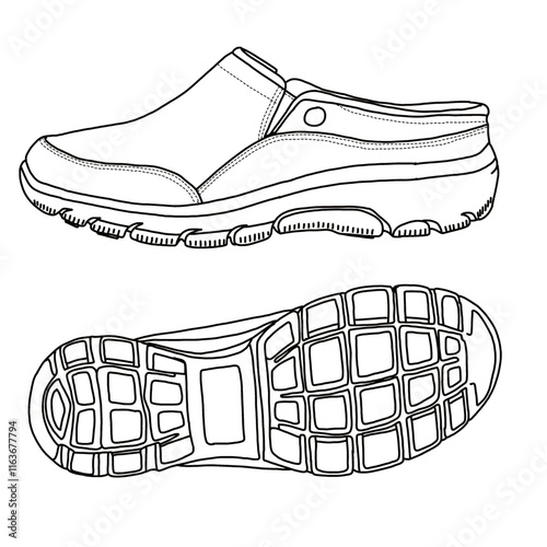 Women's Slip on Mules Sneakers Comfortable Walking Shoes Line art, Technical sketch hand drawing outline vector doodle pairs side and bottom view isolated on white background for coloring page