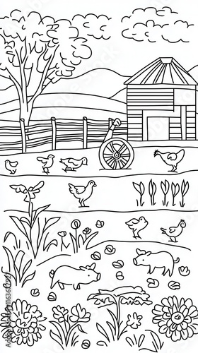 A playful farm-themed coloring book illustration with piglets playing in the mud, chickens clucking around, and a tractor in the background. Add a scarecrow in the field and intricate patterns  photo