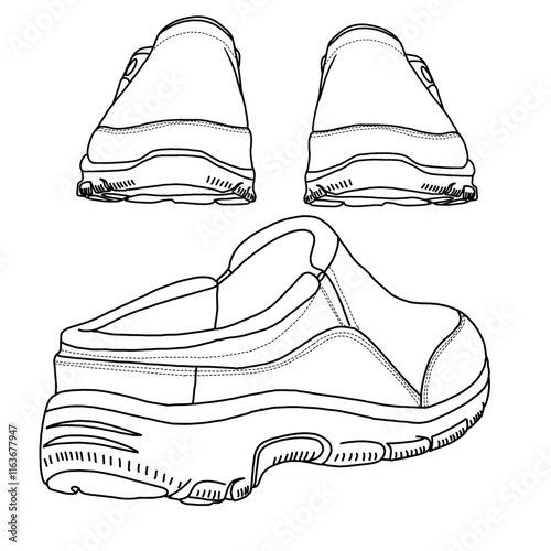 Women's Slip on Mules Sneakers Comfortable Walking Shoes Line art, Technical sketch hand drawing outline vector doodle front and rear view isolated on white background for coloring page