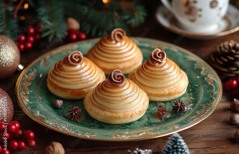 Three sweet pastries with swirls on green and gold plate