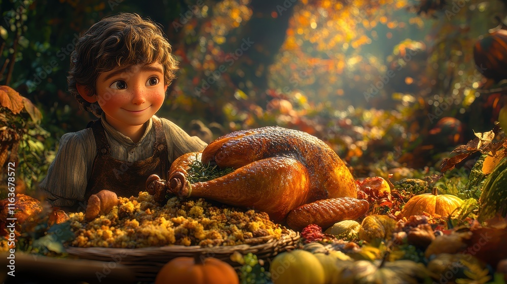 Charming Animated Character Enjoys Thanksgiving Dinner in Nature Charming Animated Character Enjoys Thanksgiving Dinner in Nature
