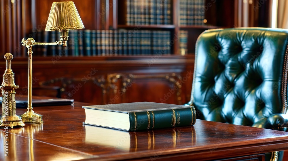 Obraz premium Luxurious Study: A Book on a Mahogany Desk