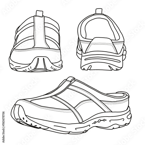 Women's Mules Sneakers Walking Shoes Line art, Technical sketch hand drawing outline vector doodle front, rear and side view isolated on white background for coloring page