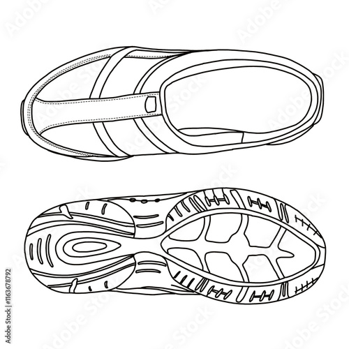 Women's Mules Sneakers Walking Shoes Line art, Technical sketch hand drawing outline vector doodle top and bottom view isolated on white background for coloring page
